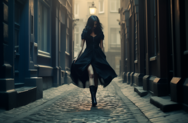 A spooky woman wearing a long black dress walking along an alley