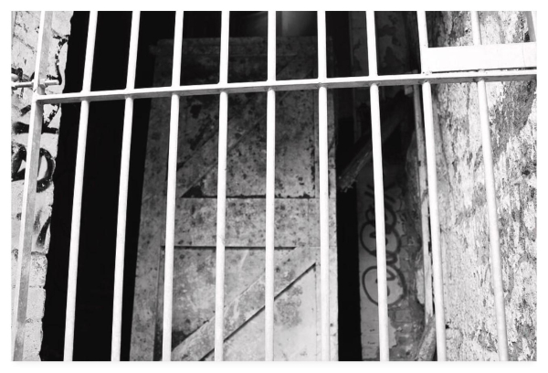 Black and white photograph of a wooden door, behind metal bars, in a graffiti covered concrete cell.