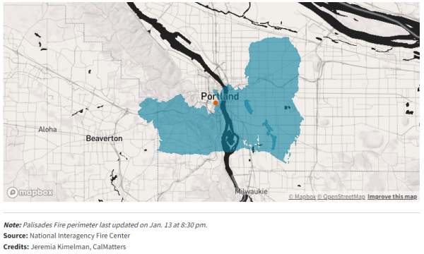 A map of Portland, Oregon with the Palisades Fire overlayed on top. It would have roared over the West Hills toward Beaverton, threatening PDX to the north, burn most everything closer than 82nd Avenue in the east, and be almost into Milwaukie to the south. 