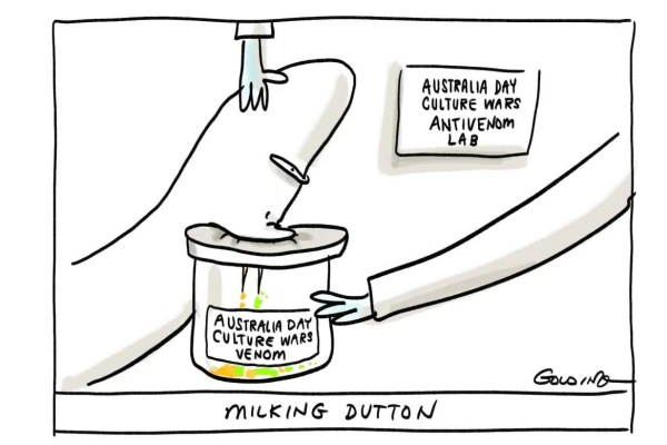 Cartoon by Golding showing Peter Dutton as a snake who is being 'milked' to harness Australia Day 'culture war venom'.