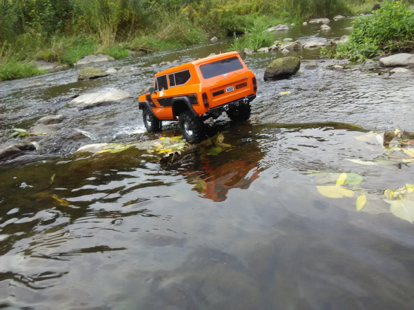 Der große RedCat (Länge: 57cm) steht auf einer Steinmauer im Wasser. 
Es sieht aus, als würde es nur auf dem Wasser stehen. 
Die Perspektive ist von links hinten. 
Im Hintergrund ist der Lauf der Weißeritz, mit grünen Sträuchern, zu erkennen. 