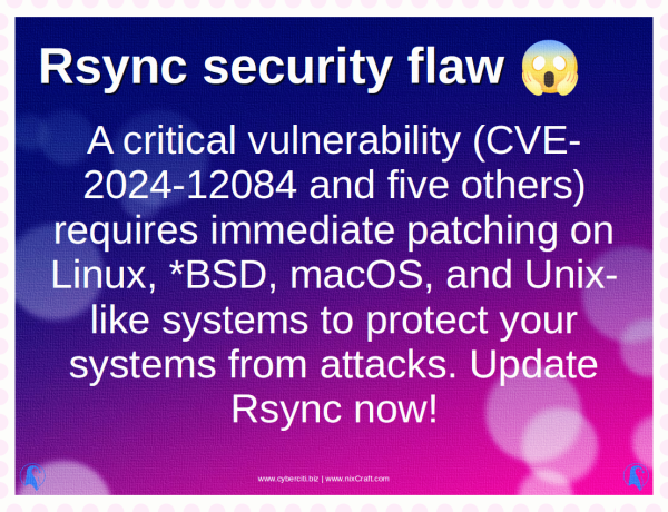 A critical vulnerability (CVE-2024-12084 and five others) requires immediate patching on Linux, *BSD, macOS, and Unix-like systems to protect your systems from attacks. Update Rsync now!