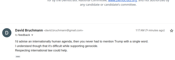 My answer to the fundraising mail:

I'd advise an internationally human agenda, then you never had to mention Trump with a single word.
I understand though that it's difficult while supporting genocide.
Respecting international law could help.