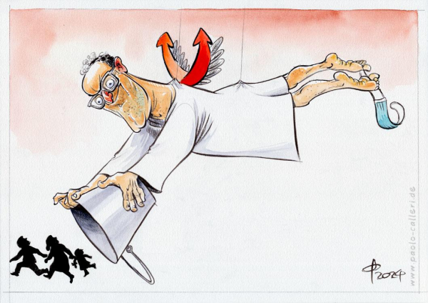 Karikatur. CDU Politiker Jens Spahn schwebt als Engel durch das Bild. Seine Flügel am weißen Kleidchen sind abgewandelte rote AfD-Pfeile.  An einem seiner nackten Füße hängt eine türkisfarbene Mundschutzmaske. In seinen Händen hält er einen metallenen Kübel mit dem er kleinen schwarzen Silhouetten hinterherjagt, als wolle er sie damit einsammeln. Die schwarzen Figuren stellen davonlaufende Menschen dar.