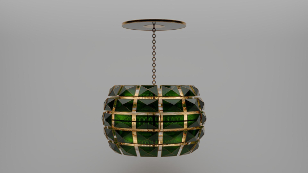 A lamp hung on a chain from the ceiling.
It consists of many small green squares covering 3 ringform tubes in its center emitting light.