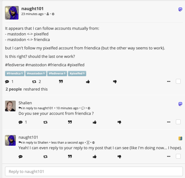 My post, viewed from my friendica account, showing Shailen's mastodon reply, and my friendica reply to that, which doesn't show up in Mastodon :(