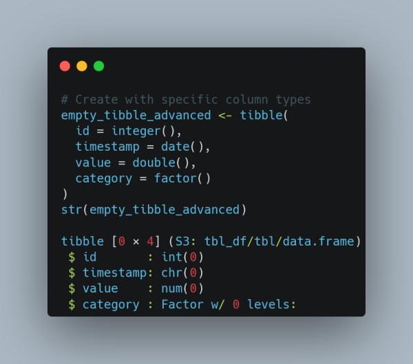 **Alt Text:**  
A screenshot of R code in a dark-themed editor demonstrating how to create an empty tibble with specific column types using the `tibble()` function. The code defines columns `id` (integer), `timestamp` (date), `value` (double), and `category` (factor). Below the code, the output of the `str()` function is displayed, showing the structure of the empty tibble with 0 rows and 4 columns, each with its respective data type.