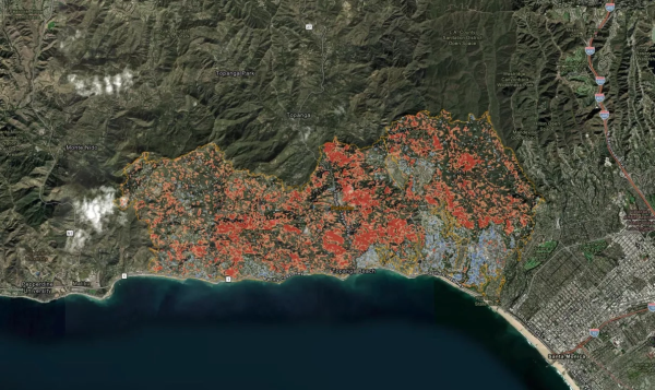 This map displays change detection imagery from areas impacted by wildfires in Southern California. Change is detected using a logarithmic difference calculation to highlight where change has occurred in Sentinel-1 Synthetic Aperture Radar (SAR) imagery between Dec. 28, 2024, and Jan. 9, 2025. In general, the forested areas impacted by fire appear red, as the structural complexity of the canopy is decreased when vegetation is burned. Urban areas appear blue, as burned buildings are more irregular in structure than rooftops. Credits: Log Difference layer generated by Alaska Satellite Facility (ASF). Source 10-m Sentinel-1 RTC products in power scale were processed by ASF DAAC HyP3 2025 using GAMMA software. Contains modified Copernicus Sentinel data 2025, processed by ESA. Wildfire perimeters courtesy of CAL FIRE