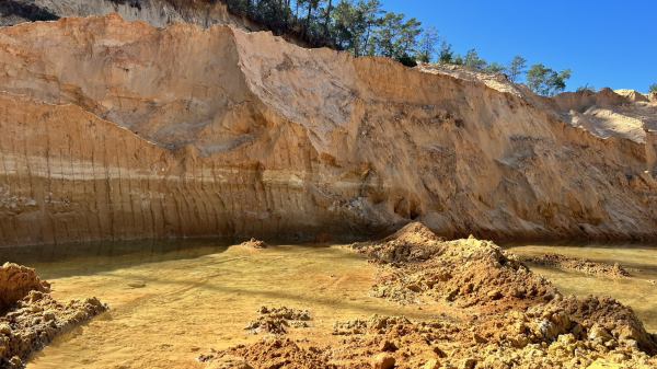 Clay mine in Ocala, Florida. A steep, exposed cliff face with stratified layers of reddish and tan clay soil, indicating excavation. At the base, there is stagnant water with a yellowish tint, surrounded by mounds of loose earth. Sparse vegetation, including trees, is visible at the top of the cliff against a clear blue sky. 