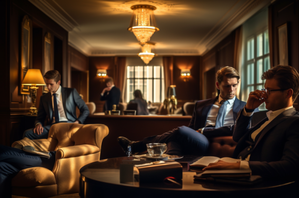 young businessmen in a club lounge, contemplating their next move