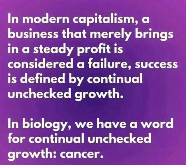 In modern capitalism, a business that merely brings in a steady profit is considered a failure, success is defined by continual unchecked growth. 
In biology, we have a word for continual unchecked growth: cancer.