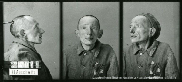 A mugshot registration photograph from Auschwitz. A man with a shaved head wearing a striped uniform photographed in three positions (profile and front with bare head and a photo with a slightly turned head with a hat on). The prisoner number is visible on a marking board on the left.