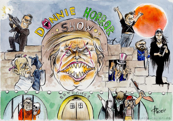 Karikatur. Blick auf die Fassade und den Eingang einer Geisterbahn. Ein übergroßer Kopf des Präsidenten Trump dominiert die Bildmitte. Der offene Mund ist mit spitzen Zähnen übersät. Links vom Kopf ein Robert Kennedy der sich gerade schwarze Gummihandschuhe überzieht. Durch seinen Kopf bohrt sich gerade ein Wurm. Uncle Sam schaut ängstlich zwischen Gitterstäben hindurch und streckt seine Hand der Betrachterïn entgegen. Weitere Personen im Bild sind Melania, die gerade eine schwarzes Buch in ihren Händen hält, Vizepräsident Vance mit einem großen Küchenmesser und Elon Musk, der die Arme von sich streckt. Ein Anzugträger ballert mit einer Maschinenpistole in die Luft. Ein Ku KluxKlan Anhänger streckt seinen rechten Arm nach oben. Links unten sitzt Steve Bannon im orangenen Anzug und streichelt einen Totenkopf.