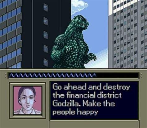 A screenshot from a computer game. In the upper half, Godzilla is standing between two office towers,  with blue sky and clouds behind him. In the lower, there is a portrait of a woman with a serious expression, and her dialogue:

"Go ahead and destroy the financial district Godzilla. Make the people happy"