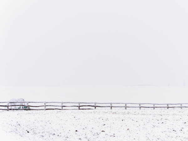 Winterlandschaft. Himmel weiß, Acker weiß. Im unteren Viertel verläuft ein (beschneiter) Zaun quer durchs Bild. Am linken Rand ein abgedeckter und eingeschneiter Heuhaufen.