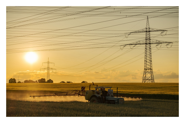 Ein Traktor fährt durch ein Feld und bewässert dieses. Die Sonne steht tief über dem Horizont und taucht alles in goldgelbes Licht. Über den Feldern sind Unmengen von Stromleitungen. Jeweils rechts und links ist ein Hochspannungsmast. 