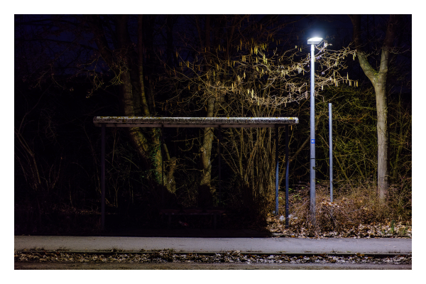 Foto im Querformat. Es ist Nacht. Eine Bushaltestelle an einer Straße von vorne fotografiert. Es ist nur ein gerades Dach auf mehreren Pfosten. Rechts daneben ist eine einzelne Straßenlaterne, diese beleuchtet vor allem die Bäume, die dahinter stehen. Vom Häuschen wird nur das Dach beleuchtet. Unter dem Dach sieht man fast nichts, da alles im Schatten verschwindet. 