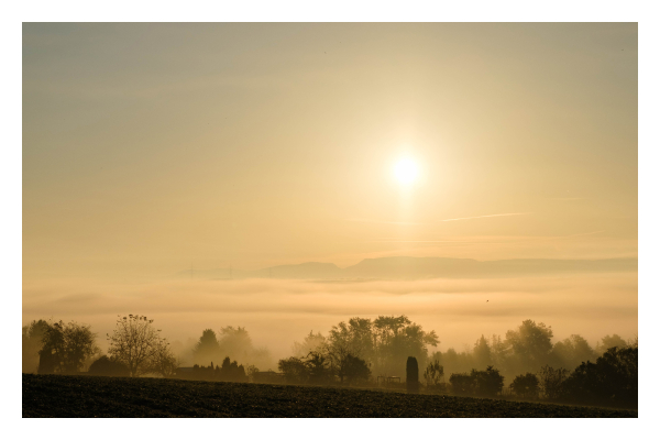 Foto im Querformat. Blick von einer Anhöhe über eine mit Nebel bedeckte Landschaft. Im Vordergrund sind die Silhouetten von Feldern und Bäumen, dahinter erstreckt sich der Nebel. Am Horizont sind Berge. Über der Nebellandschaft ist ein gelblich blauer Himmel an dem die Sonne prangt und strahlt. 