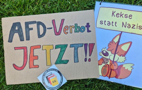 Zwei Protestschilder mit der Aufschrift "AfD Verbot jetzt!"; und "Kekse statt Nazis" (Fuchs-Motiv von Fuchskind) liegen auf einem grünen Rasen. Ein kleinerer Aufkleber mit der Abkürzung „GG“ (Grundgesetz) und Text "Artiekel 1 und deshalb da - Menschenrecht ist AntiFa"