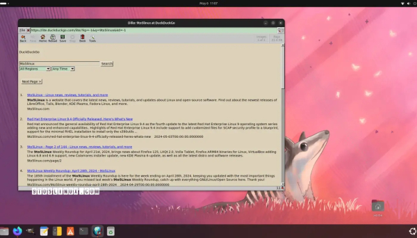 Screenshot of the Dillo web browser showing the DuckDuckGo website while searching for 9to5Linux.