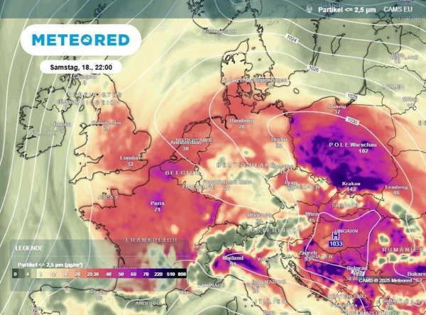 Die Karte zeigt die Feinstaubbelastung am Samstag (18. Januar) in Europa. 