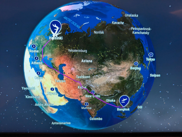 Photo of a in flight map display from a Finnair flight from Bangkok to Helsinki, showing the route flown. It deviates a long way south of the shortest great circle route to avoid overflying Russia or Ukraine.