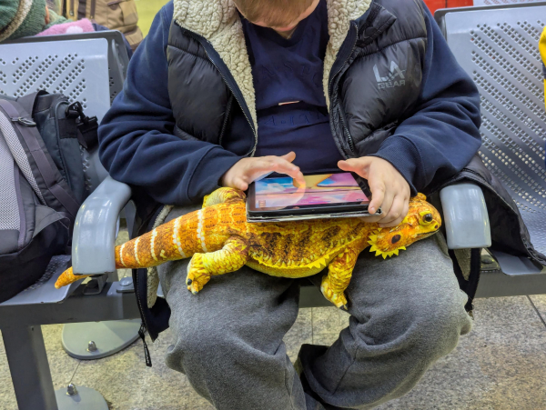 Photo of a child sitting in a train station waiting room. Across their lap is a large bearded dragon lizard plushie, on top of which they are resting an iPad.