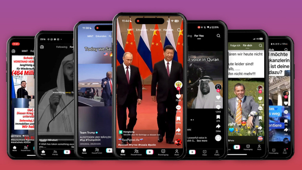 TikTok App auf mehreren Mobiltelefone in einer Reihe versetzt hintereinander