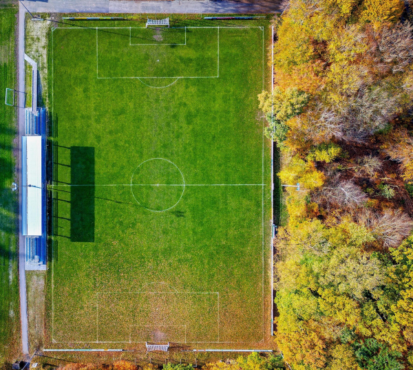 Luftaufnahme eines Fußballplatzes, umgeben von Bäumen, die Herbstlaub zeigen. Die Rasenfläche verfügt über markierte Linien, ein Tor an einem Ende, einen Sitzbereich an der Seite und einen Weg in der Nähe.