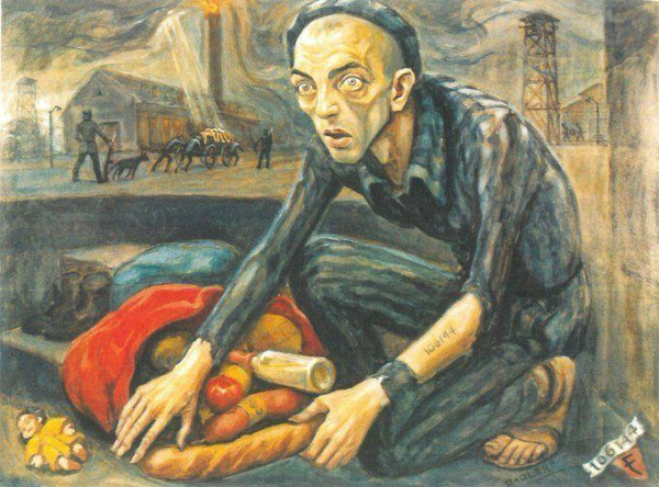 Artwork by a Jewish artist David Olère depicting a prisoner crouching beside scattered objects including fruits and a doll.