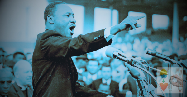 Branded art for my free weekly newsletter. Duotone image of Dr. Martin Luther King, Jr. giving a speech from a podium in a packed stadium.