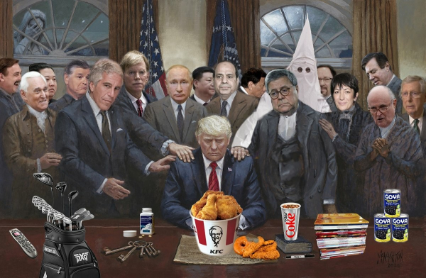 Illustration: The Beatification of Donald John Trump.
Some of the many players in the first Trump administration, some of whom will have prominent roles in the second Trump administration. 
How many do YOU recognize?
To help you get started, that's a bucket of KFC in the center of the table.