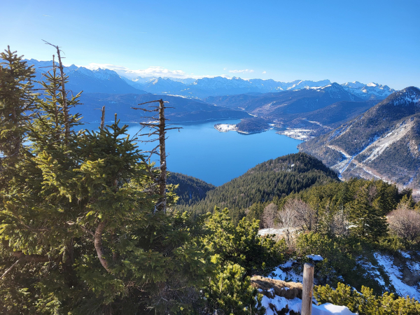 A serene landscape featuring a body of water surrounded by lush green trees and majestic mountains in the background. The scene is dominated by shades of blue, with a clear blue sky above and the water reflecting the same hue. Snow can be seen dusting the mountain range, adding a touch of winter to the tranquil setting. The composition includes various types of trees such as larch, spruce, and pine, creating a harmonious blend of nature elements. This picturesque view captures the essence of wilderness and highland beauty, offering a peaceful and scenic retreat for the viewer.