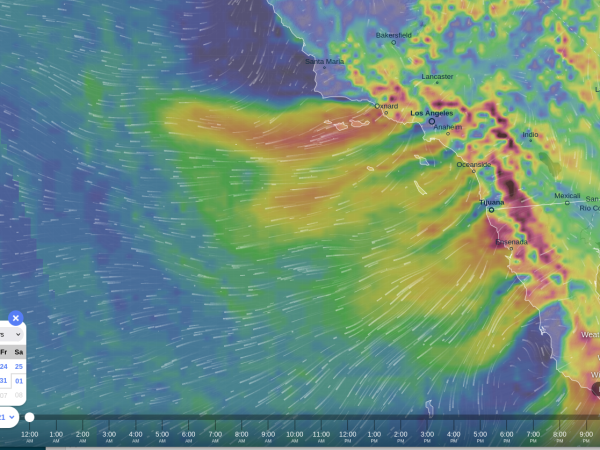 Red streams of very high winds going out across from land all the way out to sea