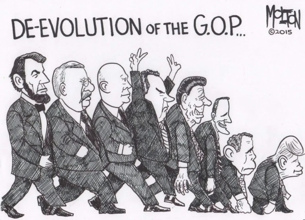 Cartoonist Molton 2015 line drawing of the worsening of Republican Presidents.
(Left to Right) Lincoln, Teddy Roosevelt, Eisenhower, Nixon, Reagan, G. Bush, W. Bush, Trump. 
The figures decline in size from left to right and become increasingly ape-like in appearance.