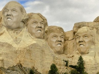 Photo of the Presidential faces on Mount Rushmore. All the faces have been replaced with faces of Trump sneering through his teeth.