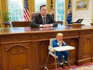 Color photo. Elon Musk sits behind the Presidential Resolute Desk in the Oval Office of the US White House. A child-size Trump sits in a high chair in front of the desk.