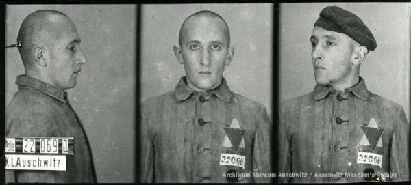 A mugshot registration photograph from Auschwitz. A man with a shaved head wearing a striped uniform photographed in three positions (profile and front with bare head and a photo with a slightly turned head with a hat on). The prisoner number is visible on a marking board on the left.