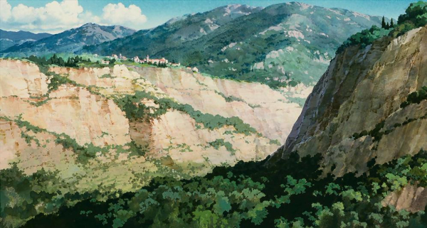 Mountains, forest. Blue sky. From "Porco Rosso" anime