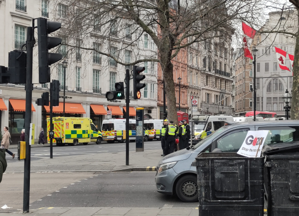 At least five police vans parked on the road.