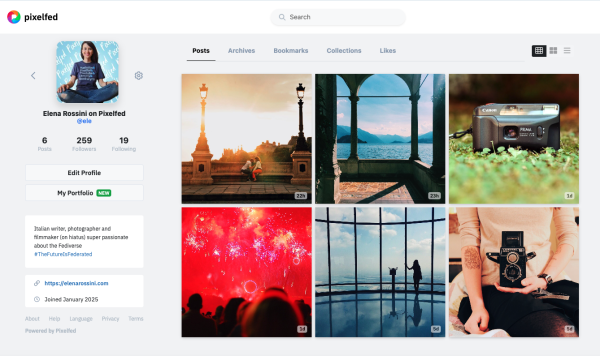 a screenshot of my Pixelfed feed as it appears on the web. On the left you can see my profile photo and bio. On the right there is a grid with 6 photos from my archives that I really like, showing scenes from Paris, Lake Como and two of my favorite cameras