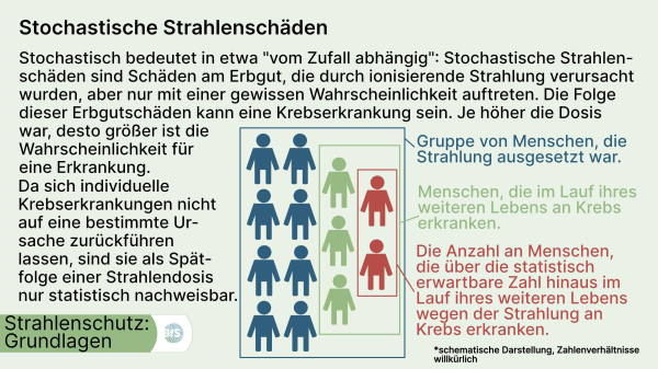 Stochastisch bedeutet in etwa "vom Zufall abhängig": Stochastische Strahlen-
schäden sind Schäden am Erbgut, die durch ionisierende Strahlung verursacht 
wurden, aber nur mit einer gewissen Wahrscheinlichkeit auftreten. Die Folge dieser Erbgutschäden kann eine Krebserkrankung sein. Je höher die Dosis war, desto größer ist die Wahrscheinlichkeit für eine Erkrankung. Da sich individuelle 
Krebserkrankungen nicht auf eine bestimmte Ursache zurückführen lassen, sind sie als Spätfolge einer Strahlendosis nur statistisch nachweisbar.