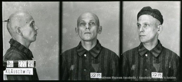 A mugshot registration photograph from Auschwitz. A man with a shaved head wearing a striped uniform photographed in three positions (profile and front with bare head and a photo with a slightly turned head with a hat on). The prisoner number is visible on a marking board on the left.
