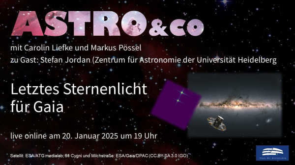 Ankündigung der Online-Talkrunde zum Thema "Letztes Sternenlicht für Gaia" mit Stefan Jordan, Markus Pössel und Carolin Liefke am 20. Januar 2025 um 19 Uhr live auf der Facebook-Seite und auf dem Youtube-Kanal des Hauses der Astronomie mit einer Darstellung der Milchstraße mit dem Gaia-Satelliten und einer Aufnahme zweier Sterne in Falschfarben