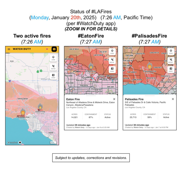 Screenshots of maps of the active Los Angeles fires (Monday, January 20th, 2025) (7:26 AM, Pacific Time) (from the Watch Duty mobile app).