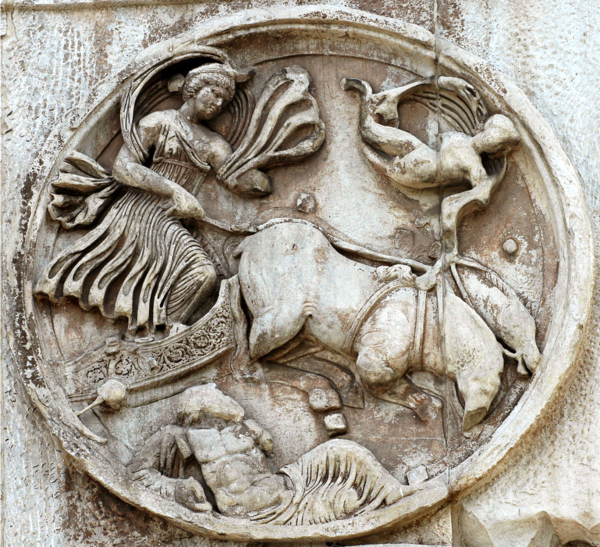 Relief of the Roman moon goddess Luna in her biga, a chariot drawn by two animals. He holds the reins in her right and was probably holding a whip in her left. She has her iconic lunar crescent on her head and her billowing cloak rises behind her. Above them, a winged Eros flies, symbolising the passion Selene feels for Endymion, who is sleeping at the bottom of the relief.