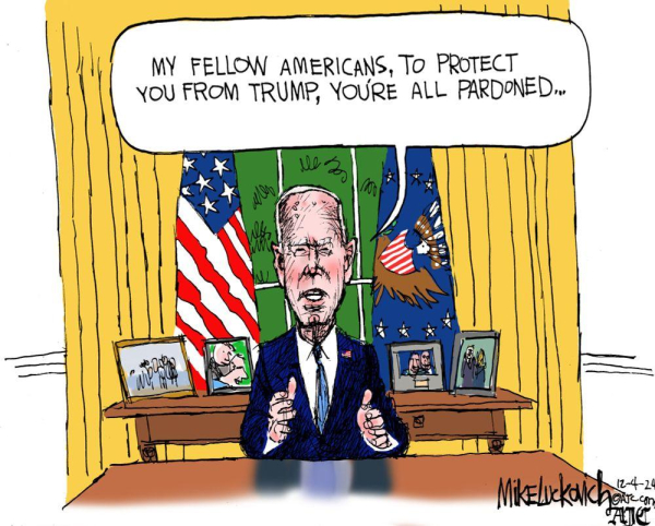 Cartoon by Mike Luckovich

President (outgoing) Joe Biden sits at a desk in the Oval Office, yellow curtains, family photos and flag behind him. He addresses the nation:

"MY FELLOW AMERICANS, TO PROTECT YOU FROM TRUMP, YOU'RE ALL PARDONED..."