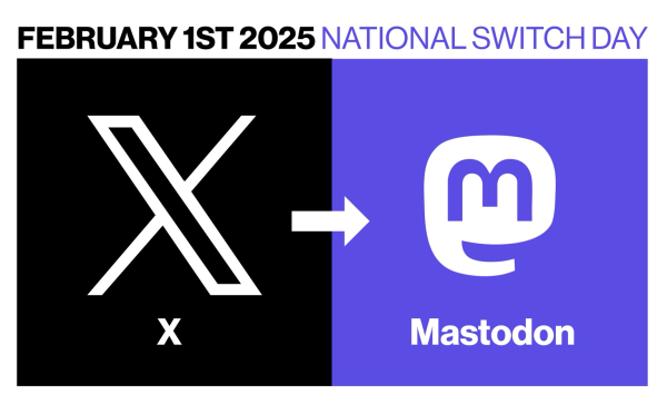 X logo on the left with an arrow in the middle pointing to Mastodon logo on the right. Text above: Switchday on February first