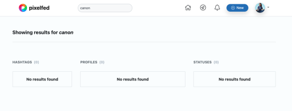 a screenshot of the dashboard of my self-hosted Pixelfed instance. In the search bar there's the word "canon" and below you can see "showing results for canon. 0 hashtags 0 profiles 0 statuses"