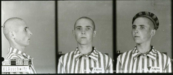 A mugshot registration photograph from Auschwitz. A man with a shaved head wearing a striped uniform photographed in three positions (profile and front with bare head and a photo with a slightly turned head with a hat on). The prisoner number is visible on a marking board on the left.